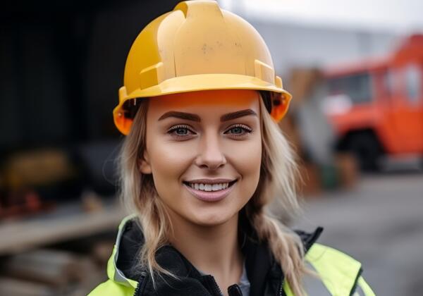 Portrait Of Smiling Female Engineer In Hardhat Looking At Camera On Construction Site